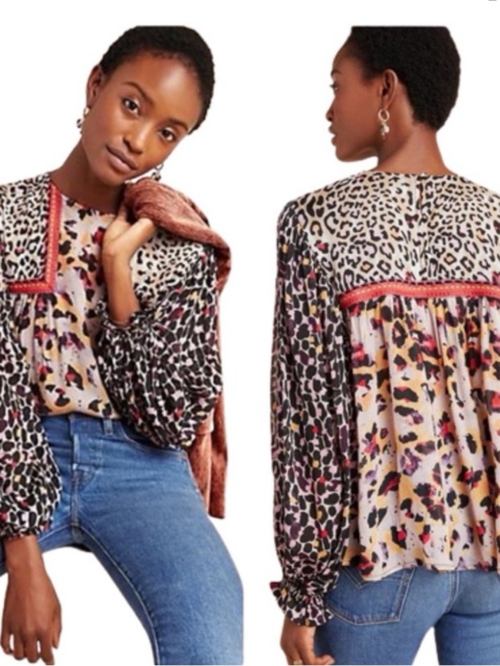 Anthropologie Bl^nk London JOELLE Leopard Print Peasant Blouse XS